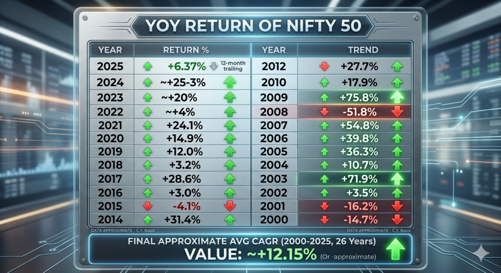 Image showing returns of nifty 50 for year 2000 to 2025